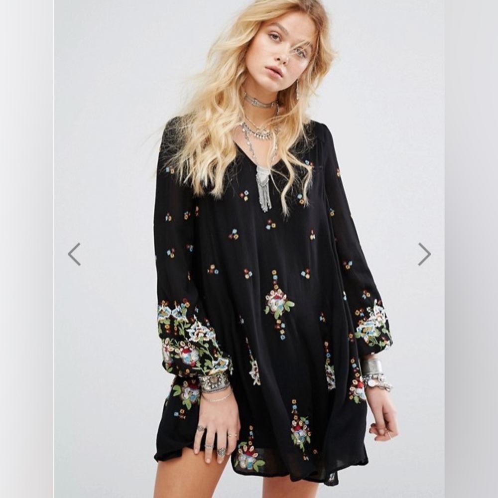 Free People Oxford Black Embroidered Balloon Sleeve Boho Mini Dress Tunic, M - Picture 3 of 14
